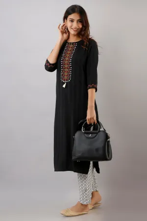 Black Color Rayon Straight Womens Kurta with Pant