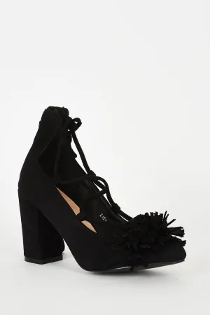 Black Lace Up Fringed Faux Suede Block Heel Shoes