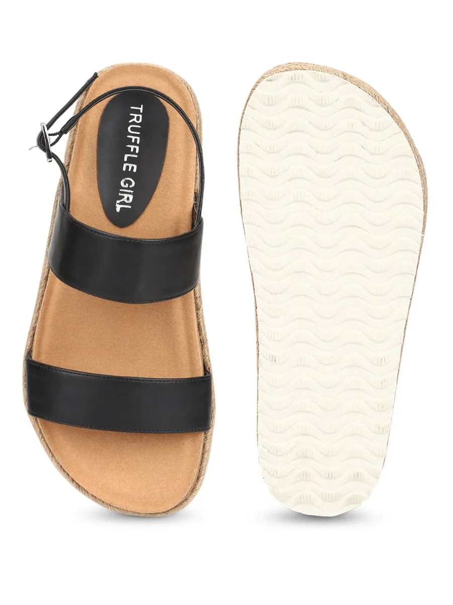Black PU Platform Wedges With Back Strap Espadrilles Sandals
