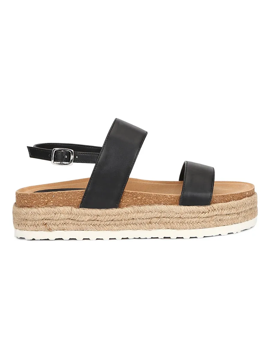 Black PU Platform Wedges With Back Strap Espadrilles Sandals