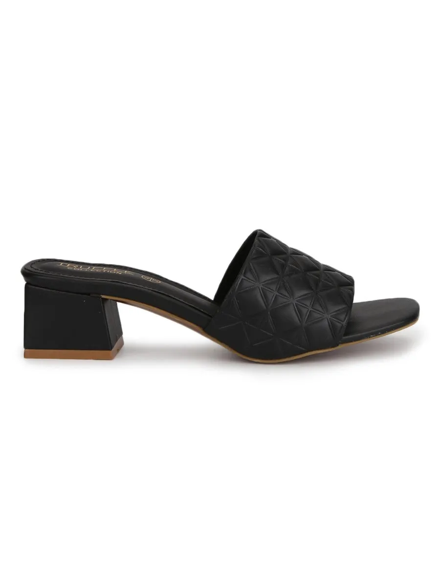 Black PU Textured Block Heel Mules