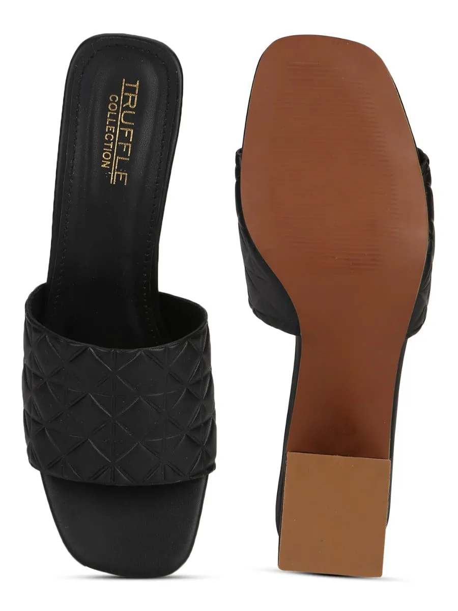 Black PU Textured Block Heel Mules
