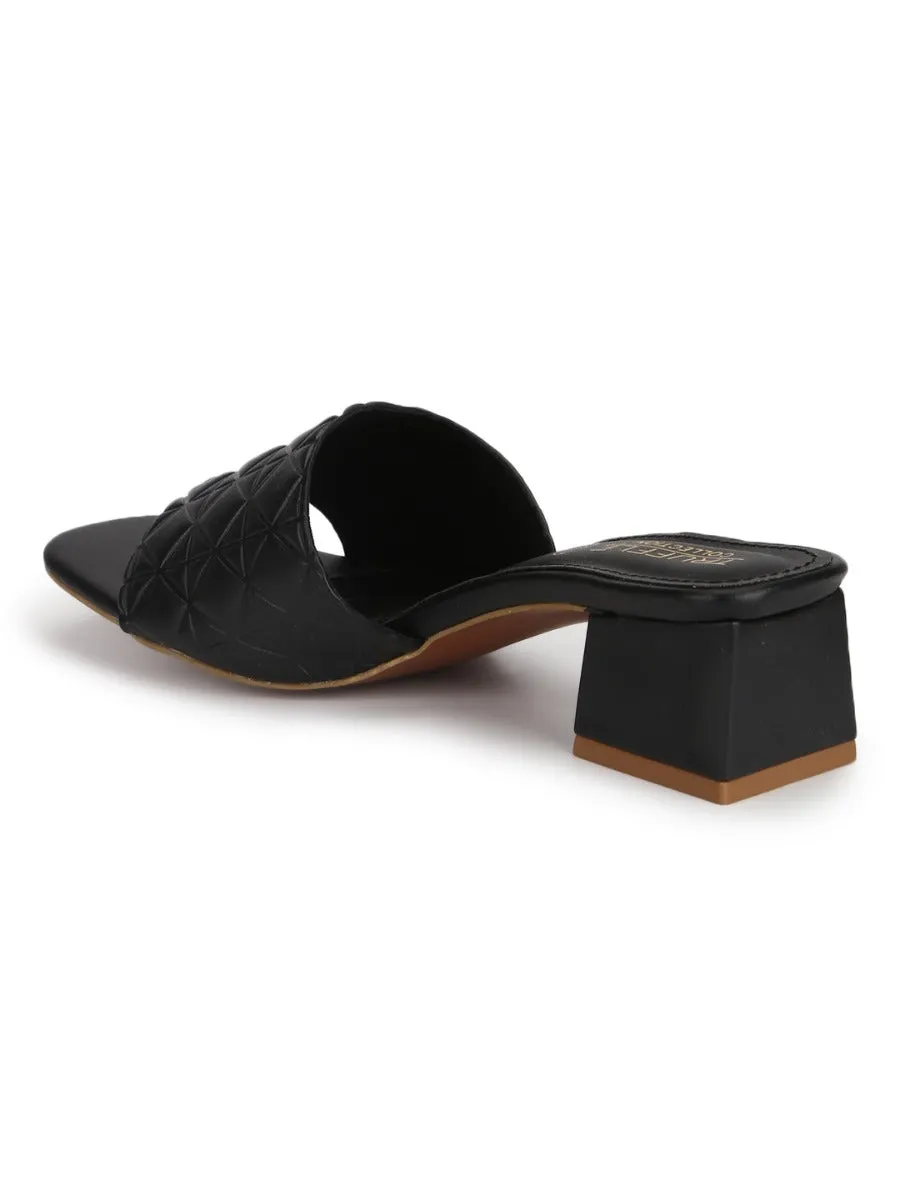 Black PU Textured Block Heel Mules