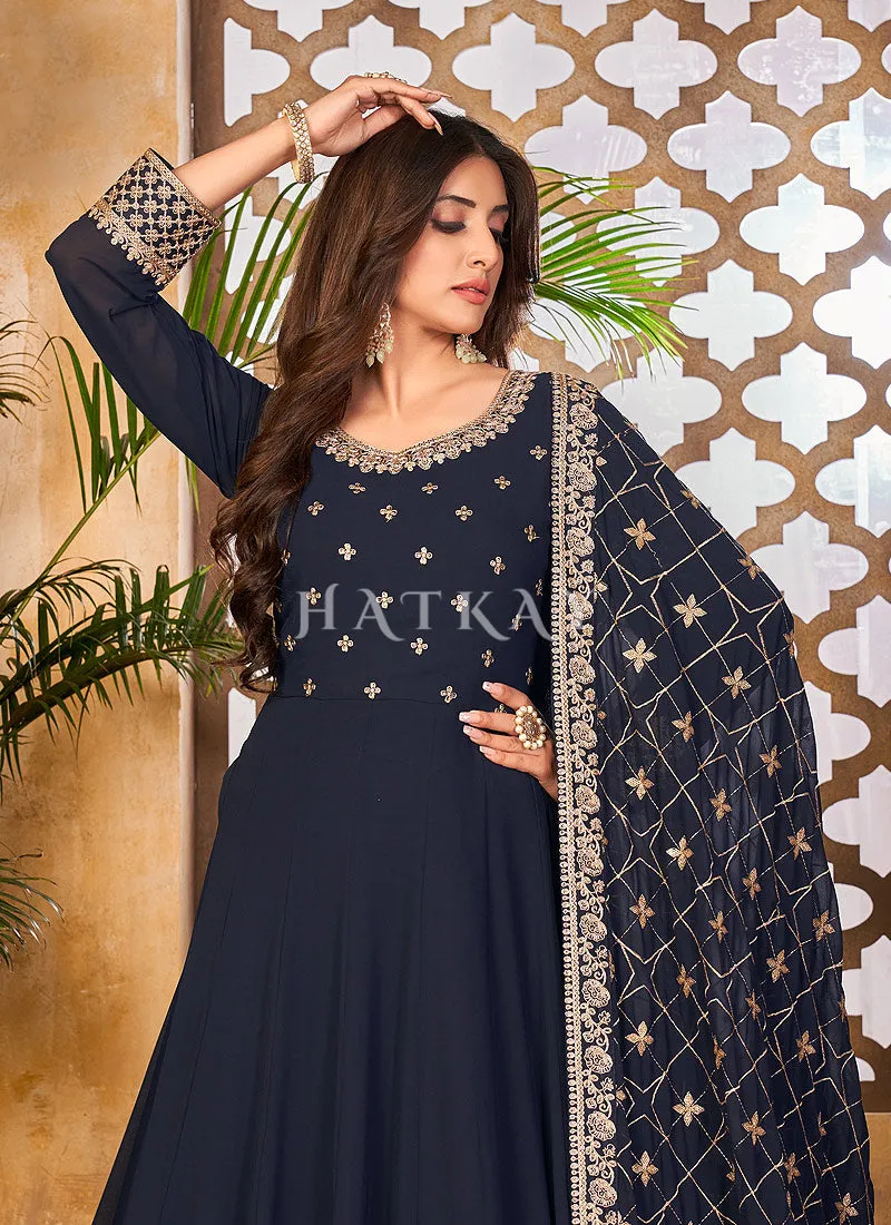Blue And Gold Embroidered Gorgette Anarkali Suit