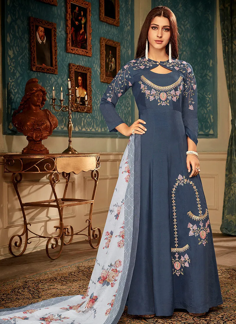 Blue Multi Embroidered Gown