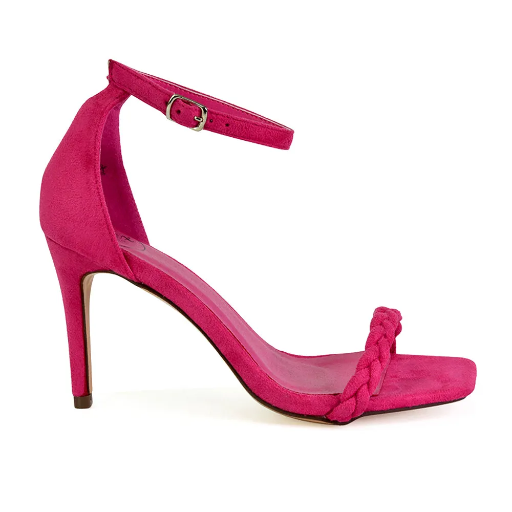 Brookes Woven Strappy Square Toe Stiletto High Heel Sandals in Orange