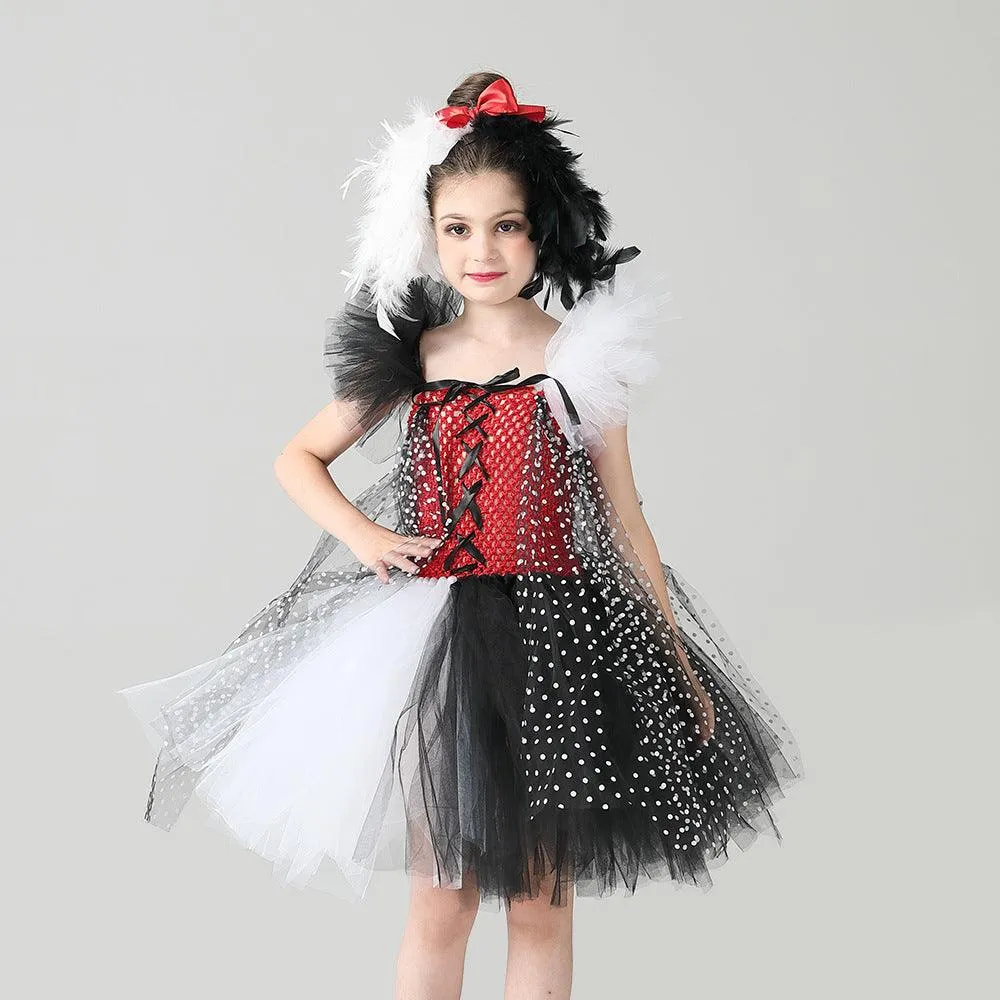Children's black and white mesh Halloween cosplay cute puppy cartoon dress up costume fashionable and elegant polka dot girl princess dress