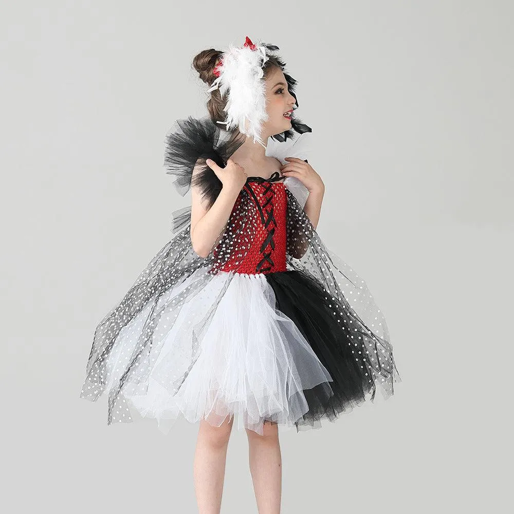 Children's black and white mesh Halloween cosplay cute puppy cartoon dress up costume fashionable and elegant polka dot girl princess dress