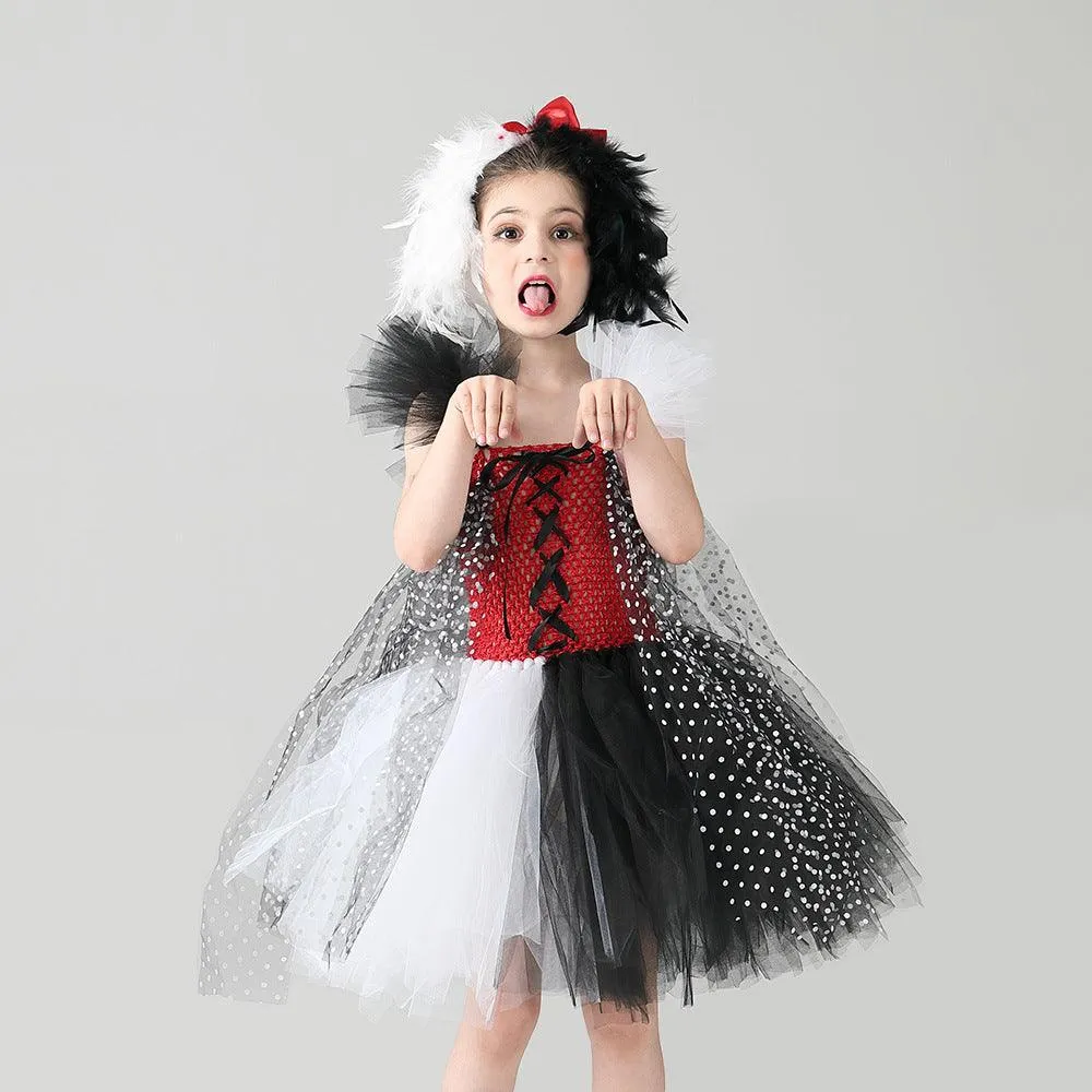 Children's black and white mesh Halloween cosplay cute puppy cartoon dress up costume fashionable and elegant polka dot girl princess dress