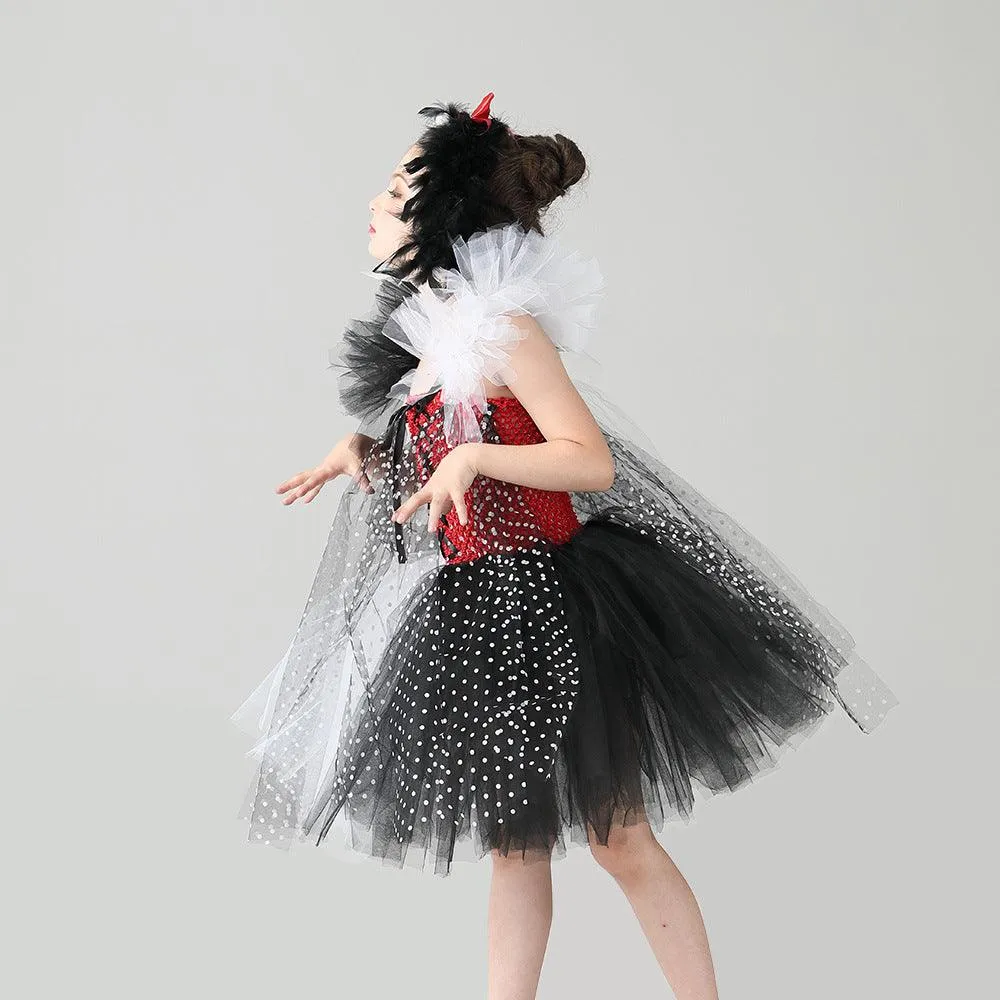 Children's black and white mesh Halloween cosplay cute puppy cartoon dress up costume fashionable and elegant polka dot girl princess dress