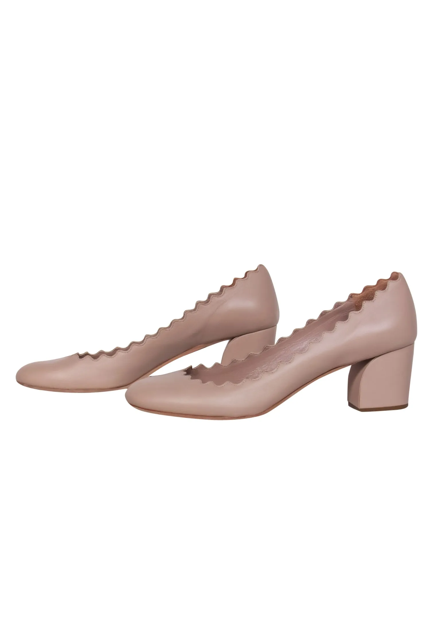 Chloe - Beige Leather Scalloped Block Heel Pumps Sz 10