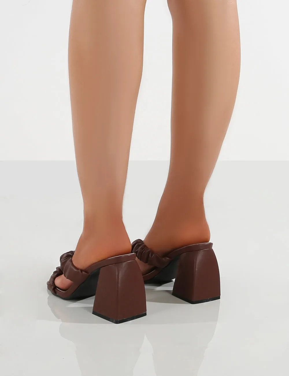 Elsa Chocolate PU Scrunchie Cross Strap Block Heel