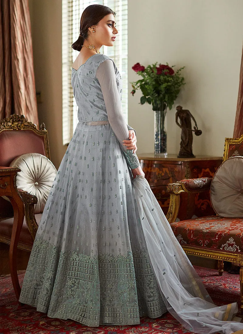 Greyish Silver Embroidered Net Anarkali Lehenga Suit