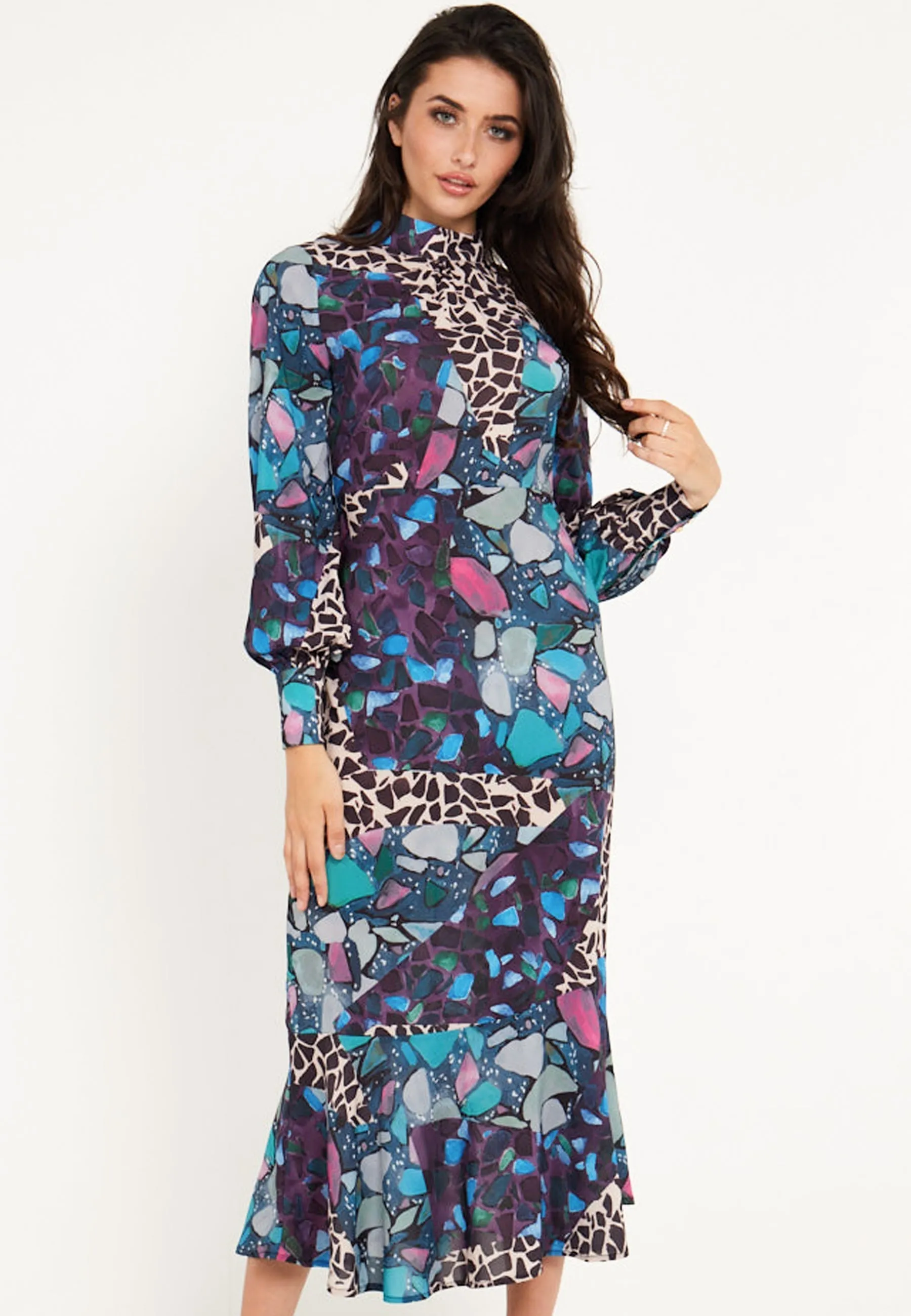 High Neck Long Tea Satin Dress in Multi Print