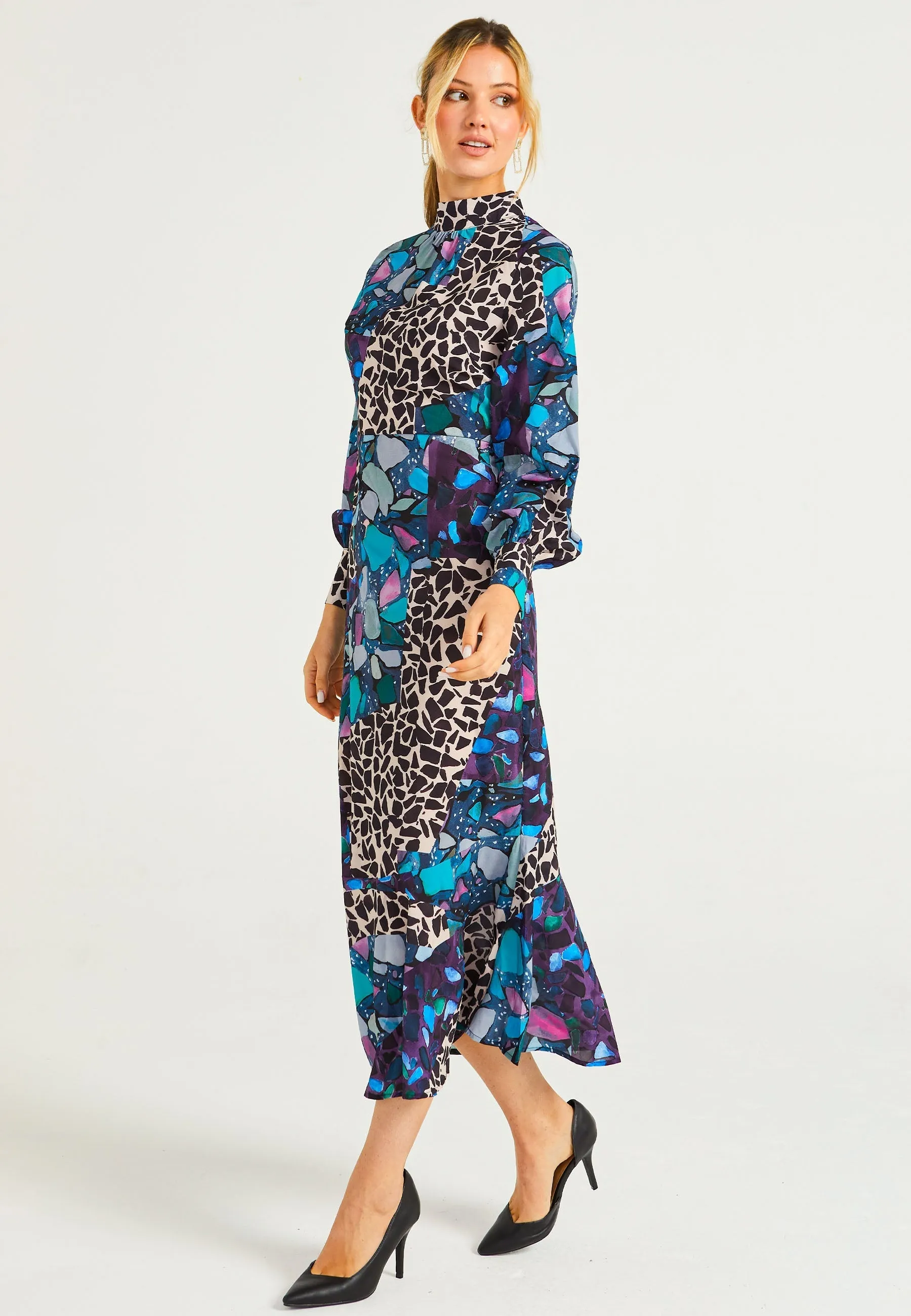 High Neck Long Tea Satin Dress in Multi Print