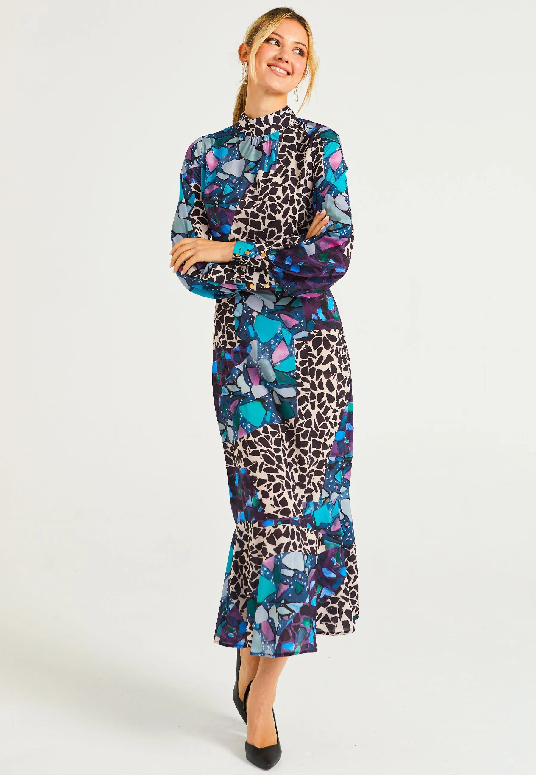High Neck Long Tea Satin Dress in Multi Print