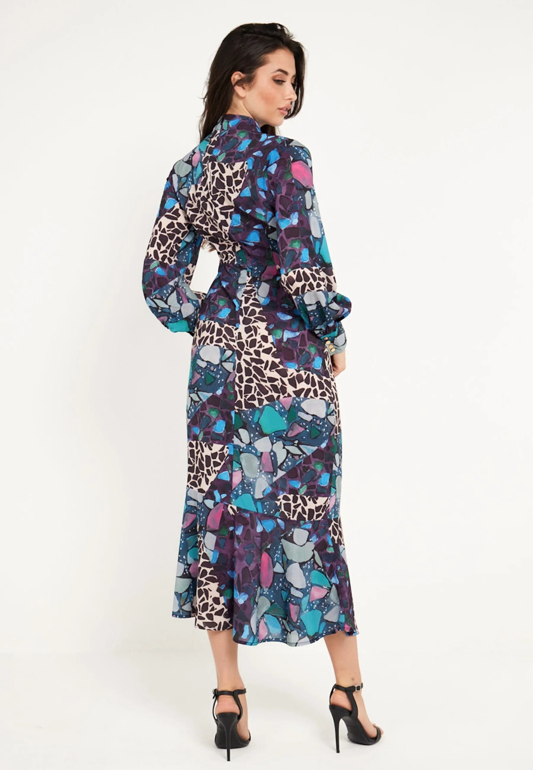 High Neck Long Tea Satin Dress in Multi Print