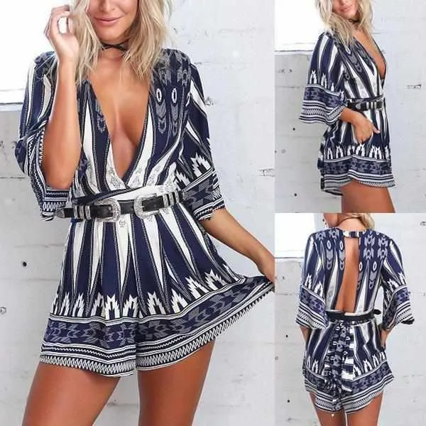Ladies Sexy Blue Pedal Qtr Sleeve V Neck Belted Party Shorts Romper