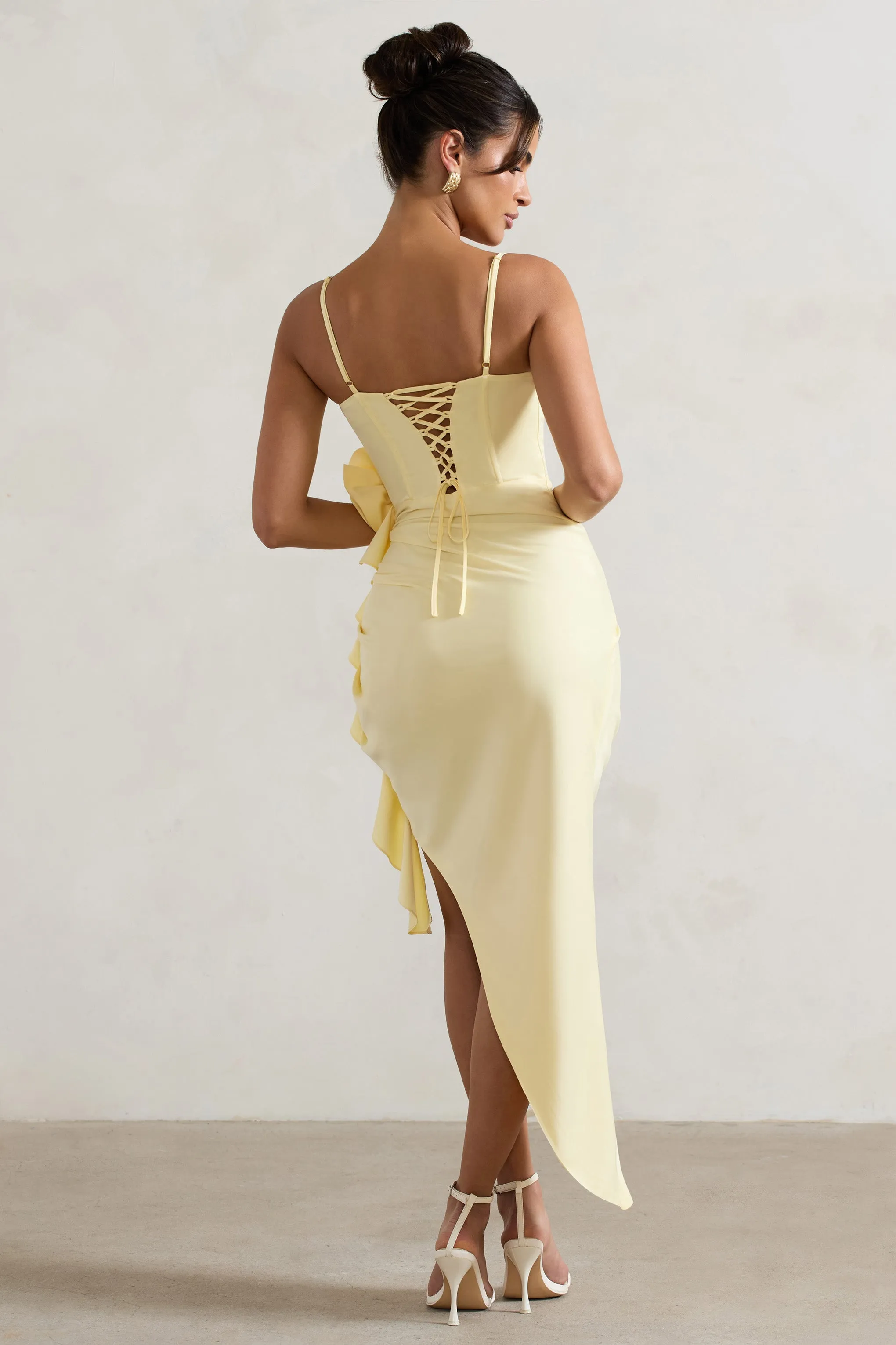 On The List | Lemon Asymmetric Corset Maxi Dress With Floral Drape