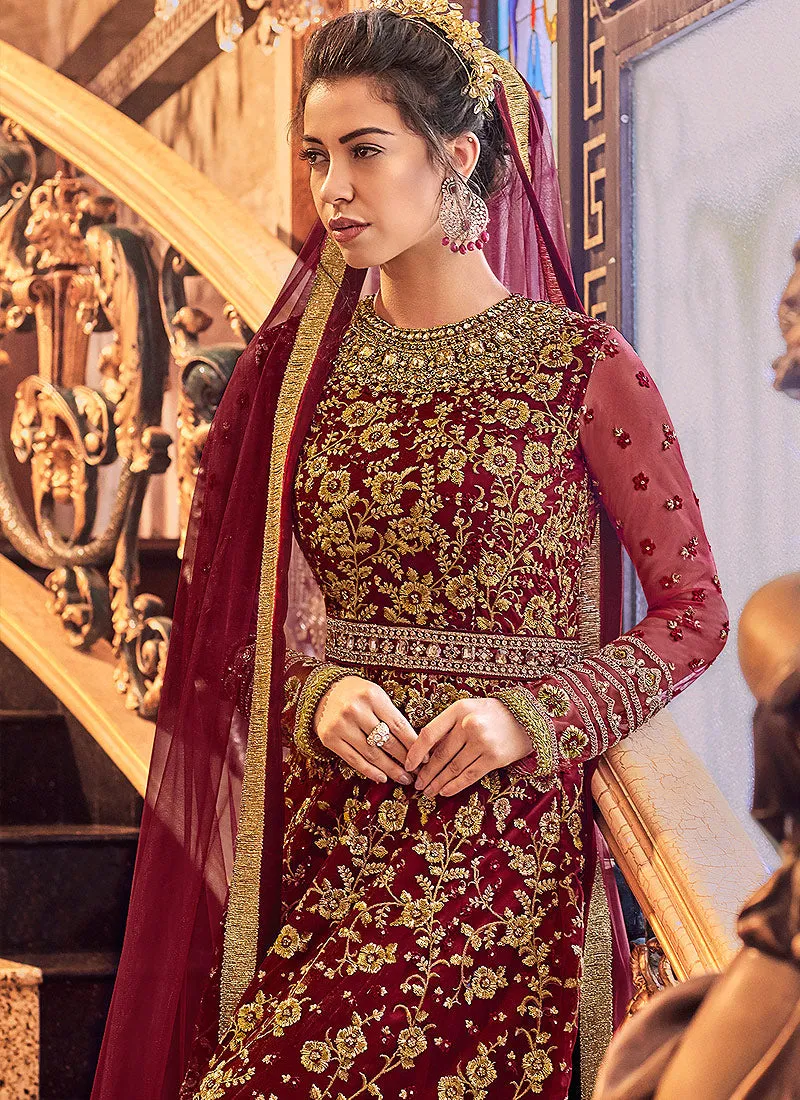 Red Floral Embroidered Wedding Anarkali Suit