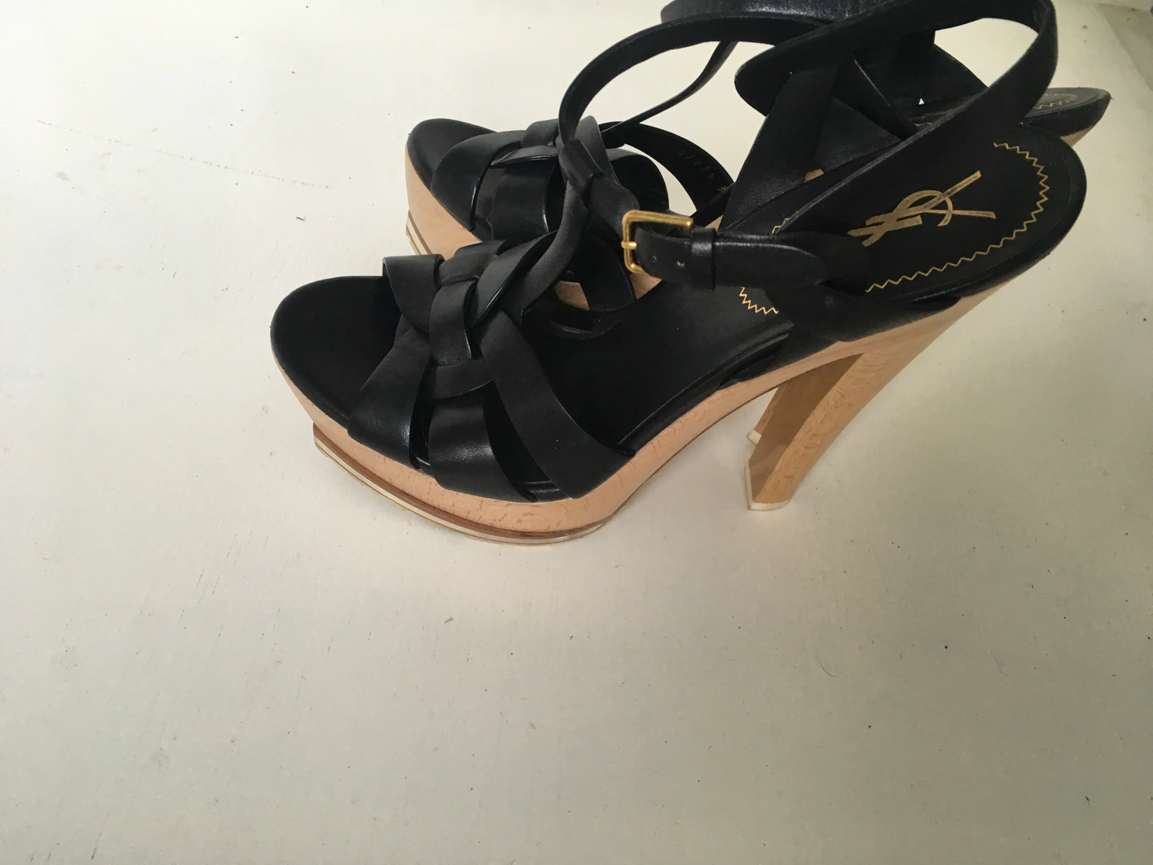 SAINT LAURENT YVES SAINT LAURENT YSL Tribute leather and wood sandals Ladies