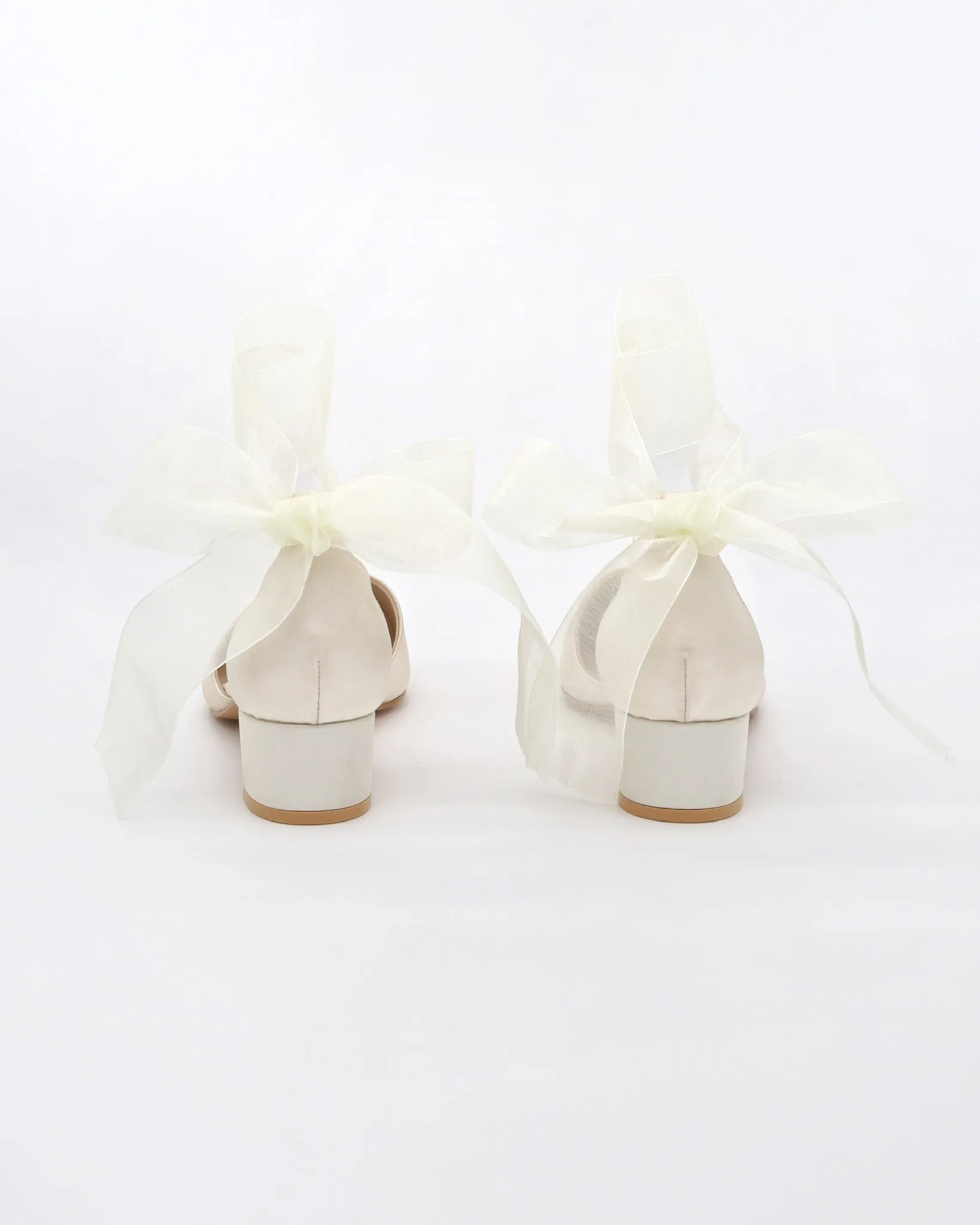 Satin Pointy Toe Low Block Heels Wedding Shoes with Wrapped Ribbon Tie