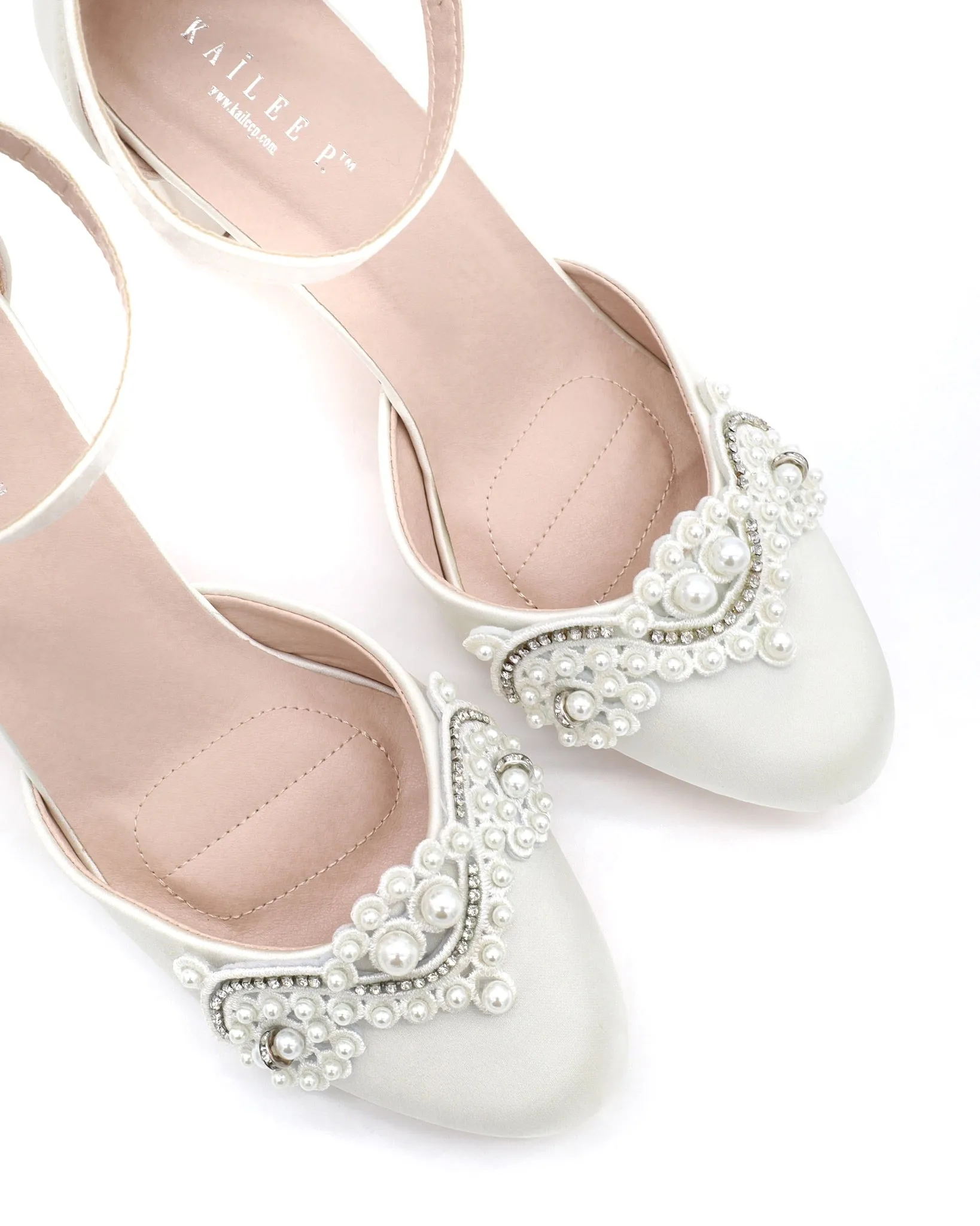 Satin Wedding Block Heel with Small Pearls Applique