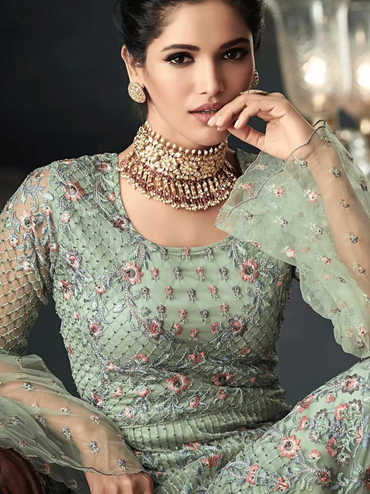 Sea Blue Zari Embellished Party Wear Net Anarkali Suit