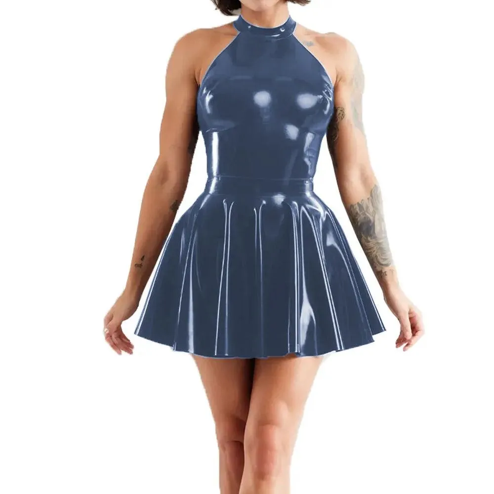 Shiny Sleeveless A-Line Pleated Mini Dress Halter Neck Skater Wet PVC Leather Swing Skirt Dress Latex-look Clubwear