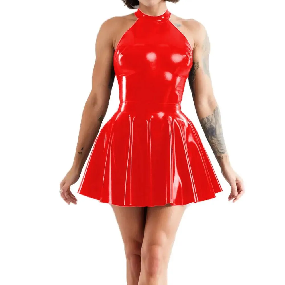 Shiny Sleeveless A-Line Pleated Mini Dress Halter Neck Skater Wet PVC Leather Swing Skirt Dress Latex-look Clubwear