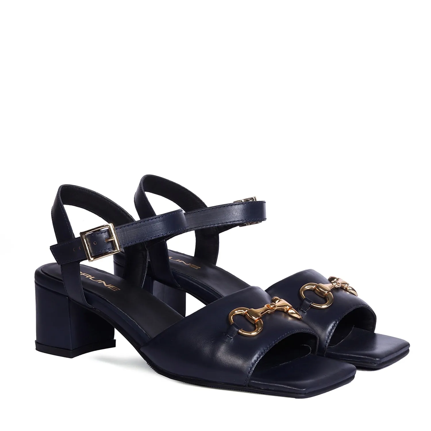 Square Toe Navy Blue Blocked Heel Genuine Leather Horse-bit Buckle Strap By Brune & Bareskin
