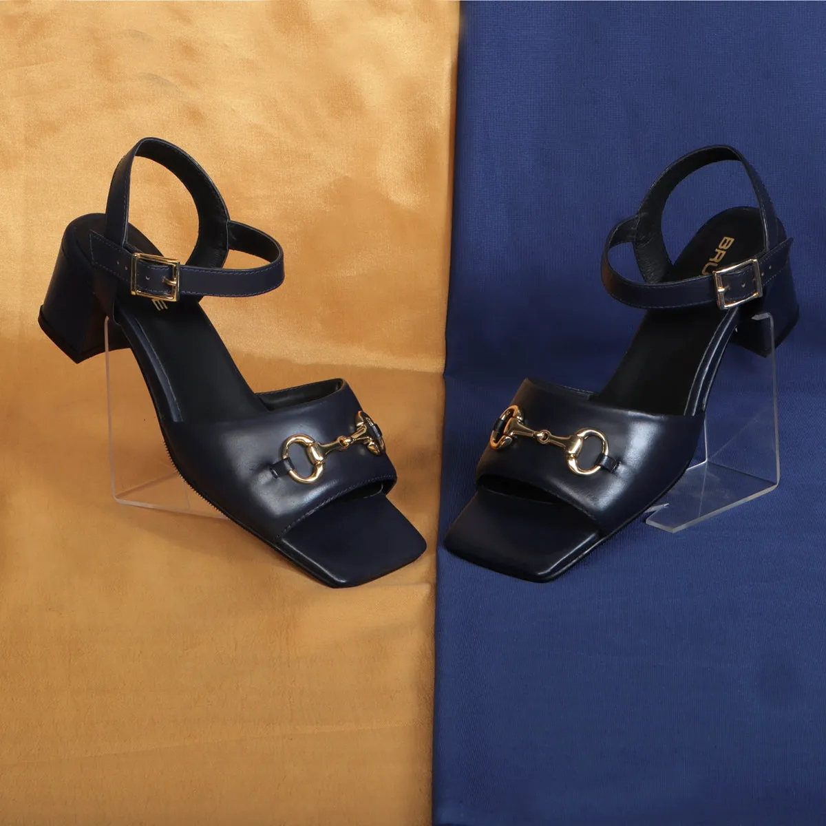 Square Toe Navy Blue Blocked Heel Genuine Leather Horse-bit Buckle Strap By Brune & Bareskin