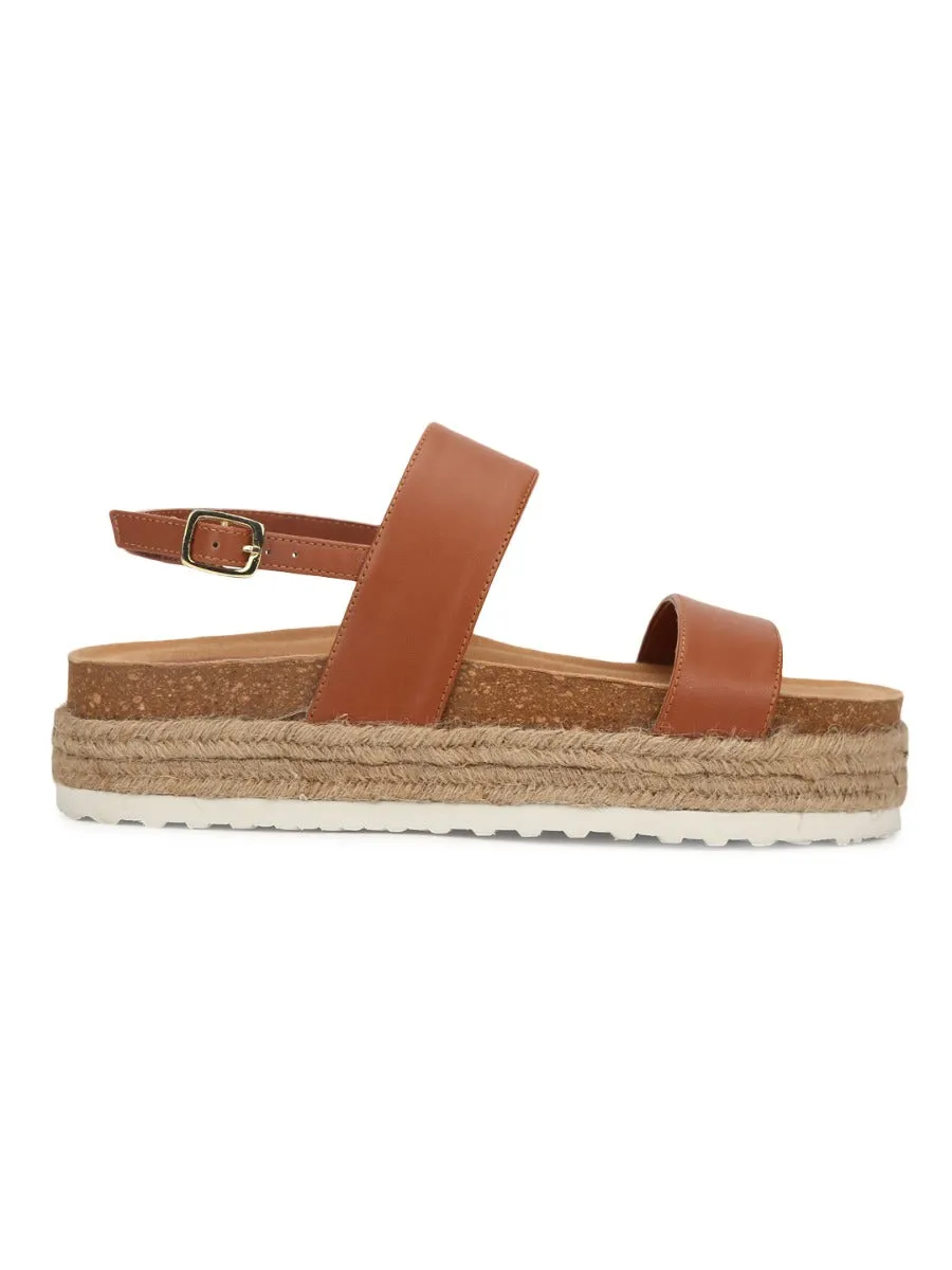 Tan PU Platform Wedges With Back Strap Espadrilles Sandals