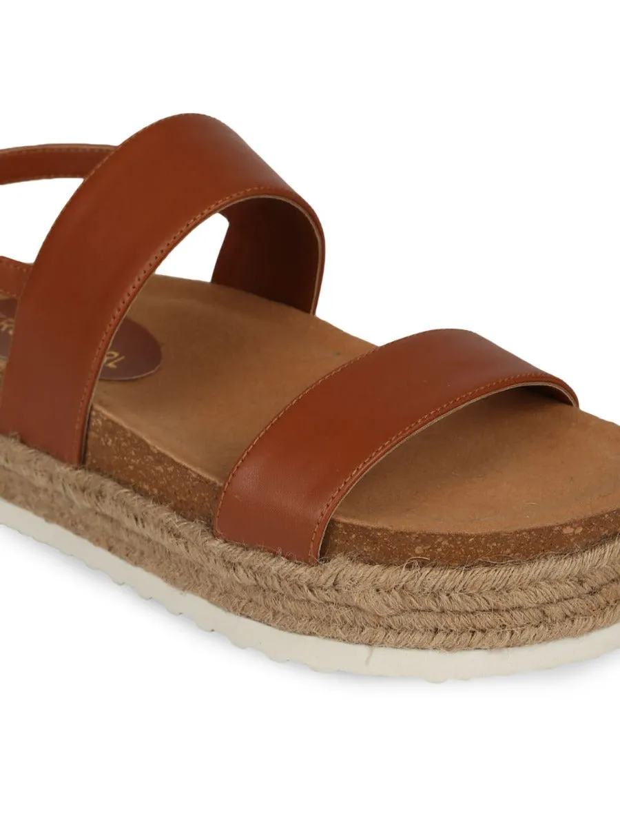 Tan PU Platform Wedges With Back Strap Espadrilles Sandals