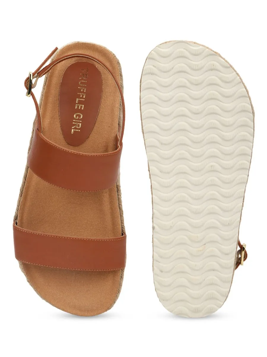 Tan PU Platform Wedges With Back Strap Espadrilles Sandals