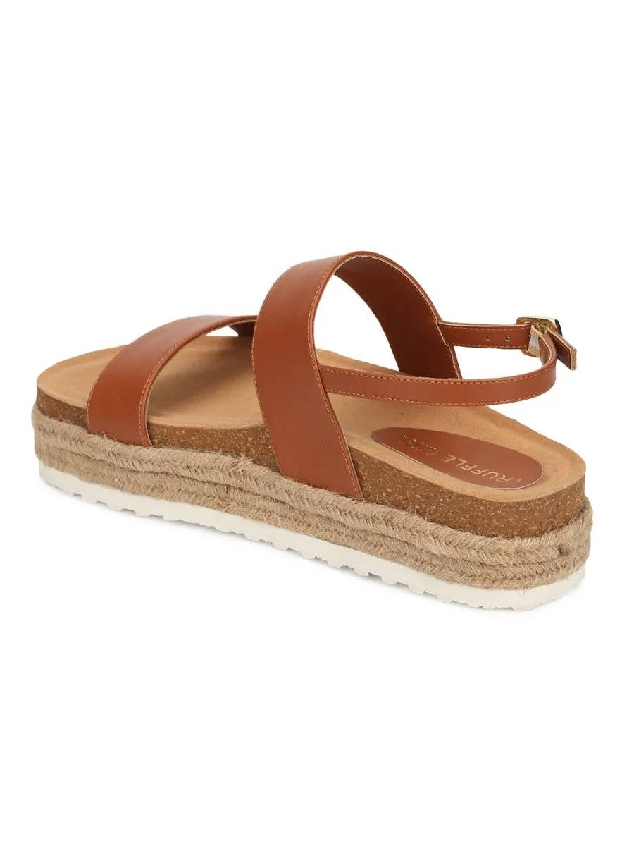 Tan PU Platform Wedges With Back Strap Espadrilles Sandals