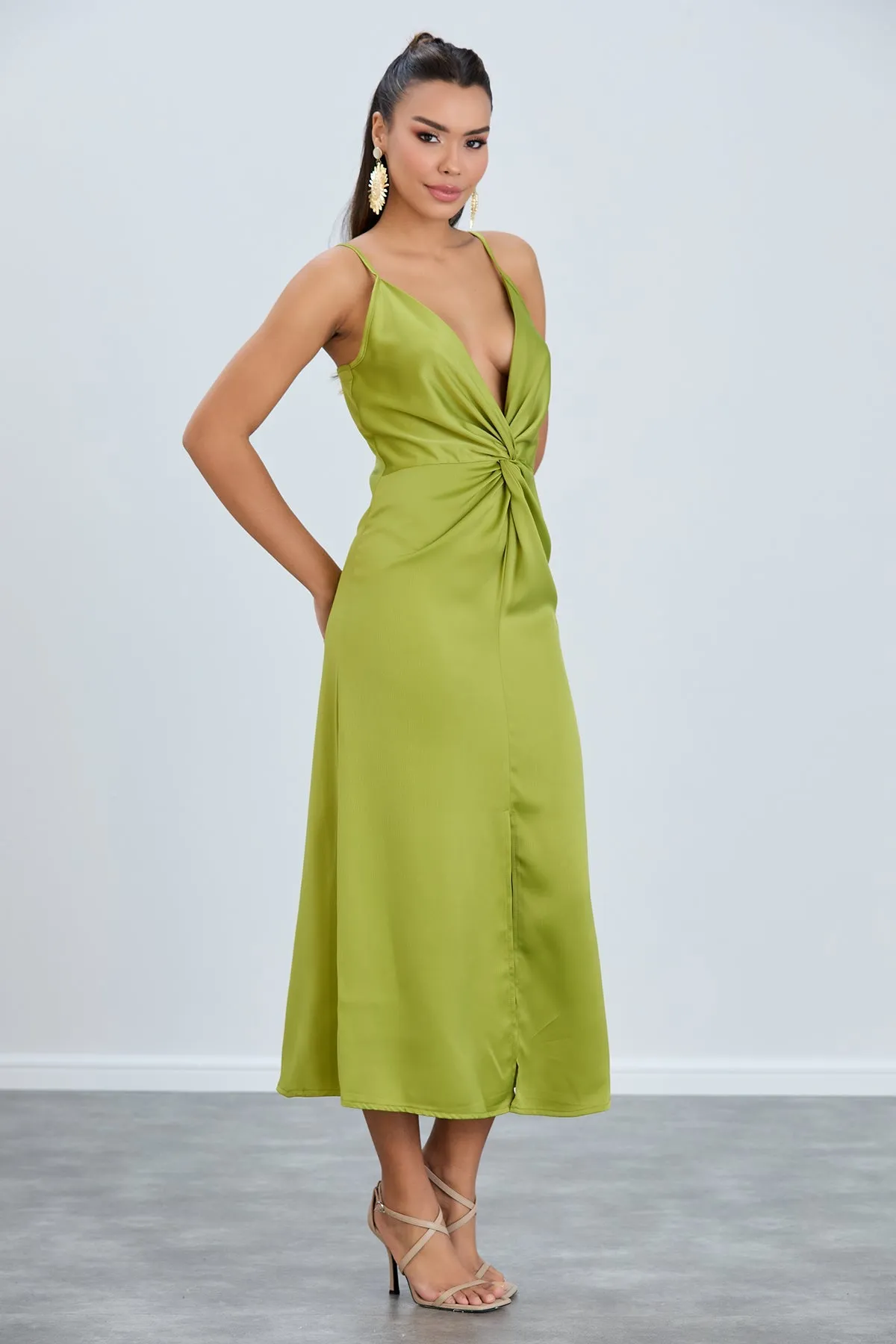 Twist Satin Slip Cami Midi Dress in Green
