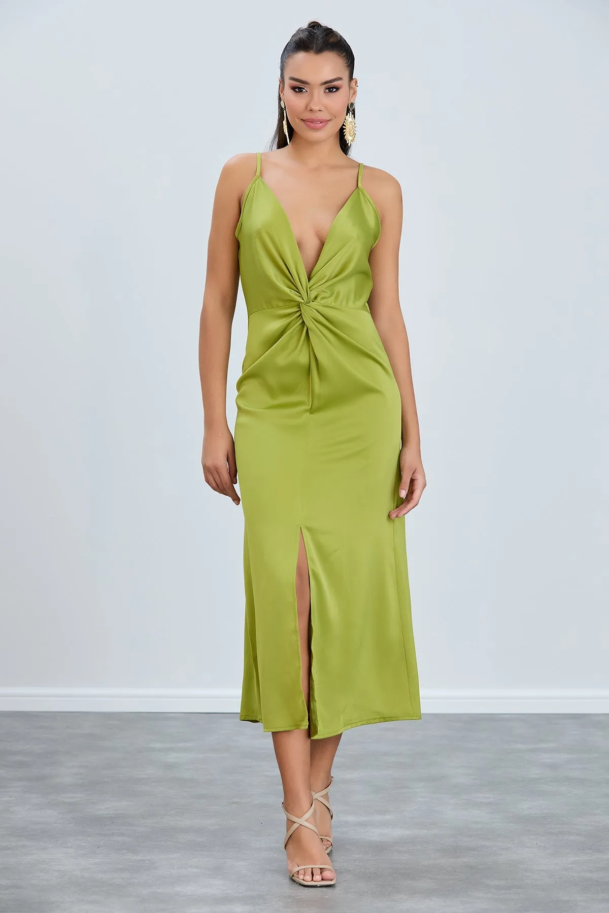 Twist Satin Slip Cami Midi Dress in Green
