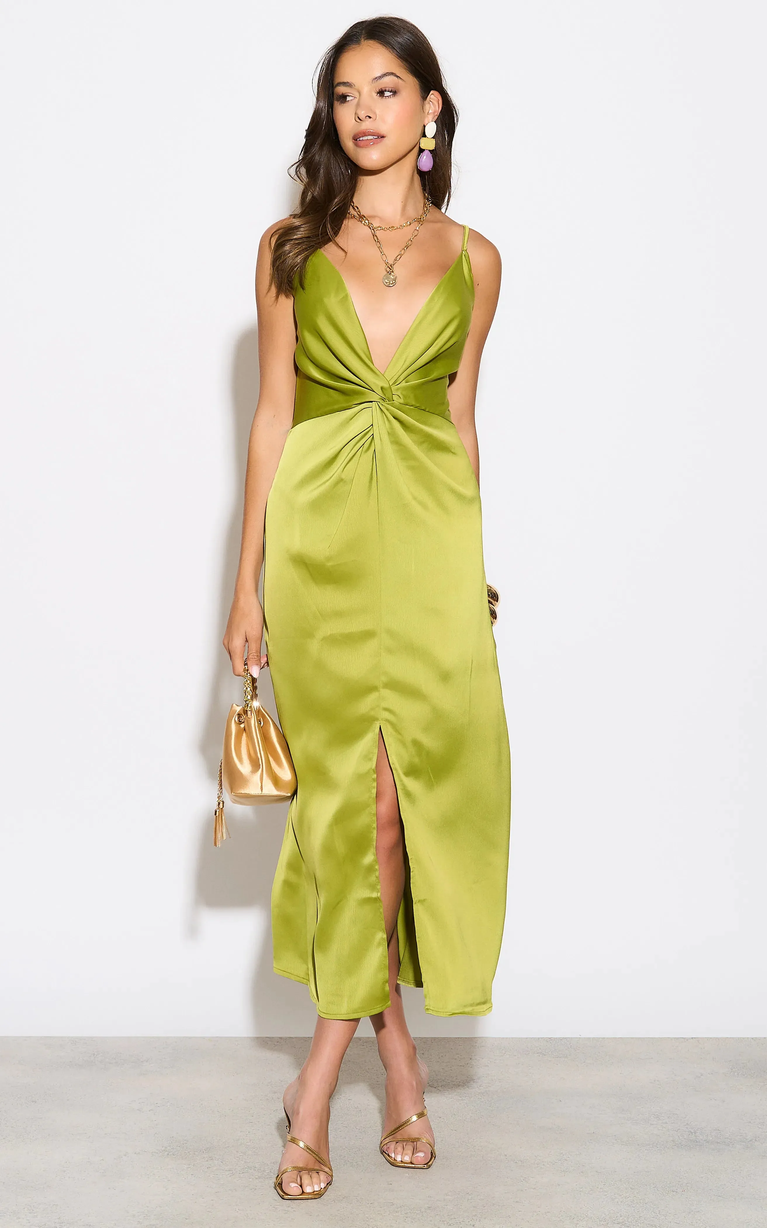 Twist Satin Slip Cami Midi Dress in Green