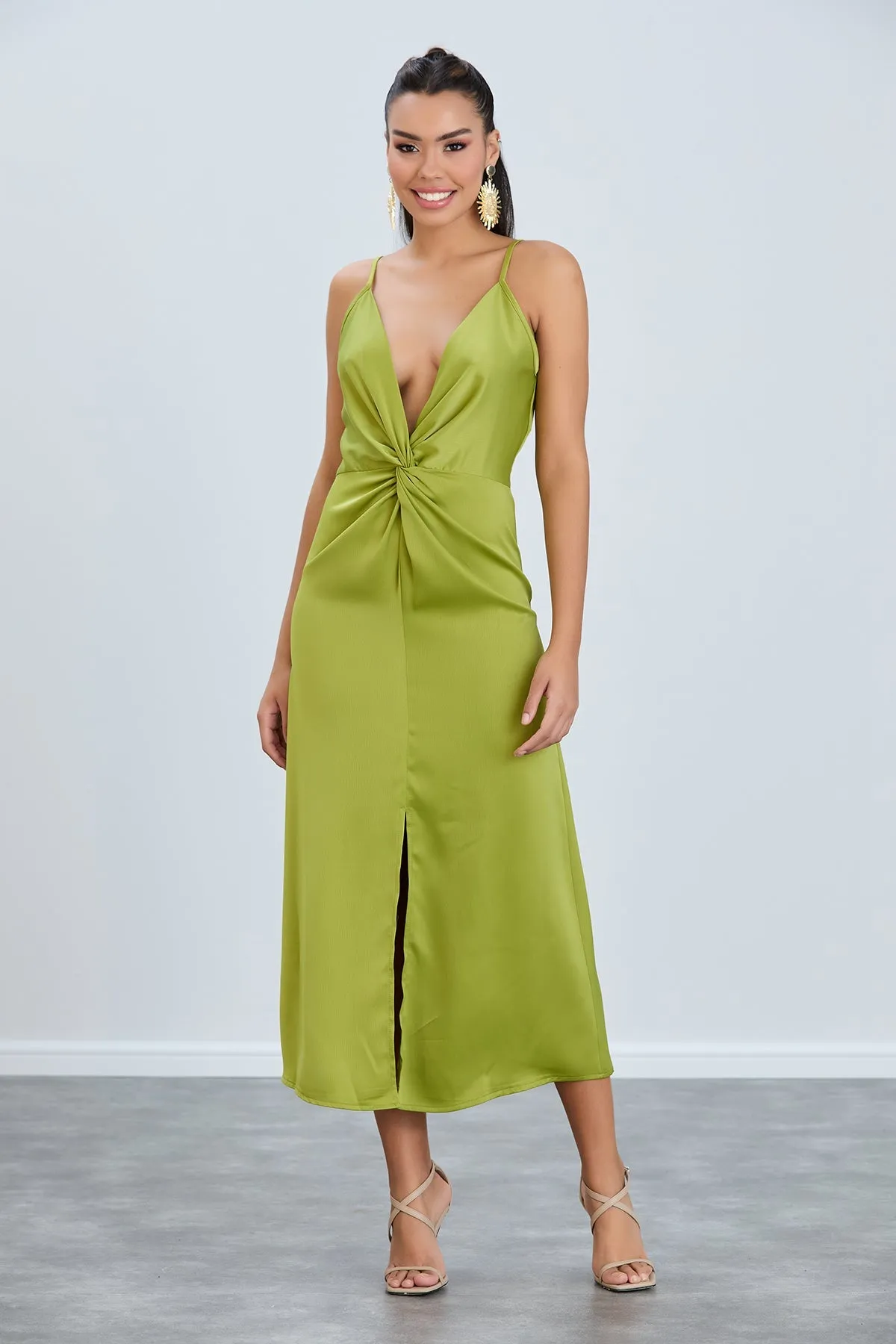 Twist Satin Slip Cami Midi Dress in Green