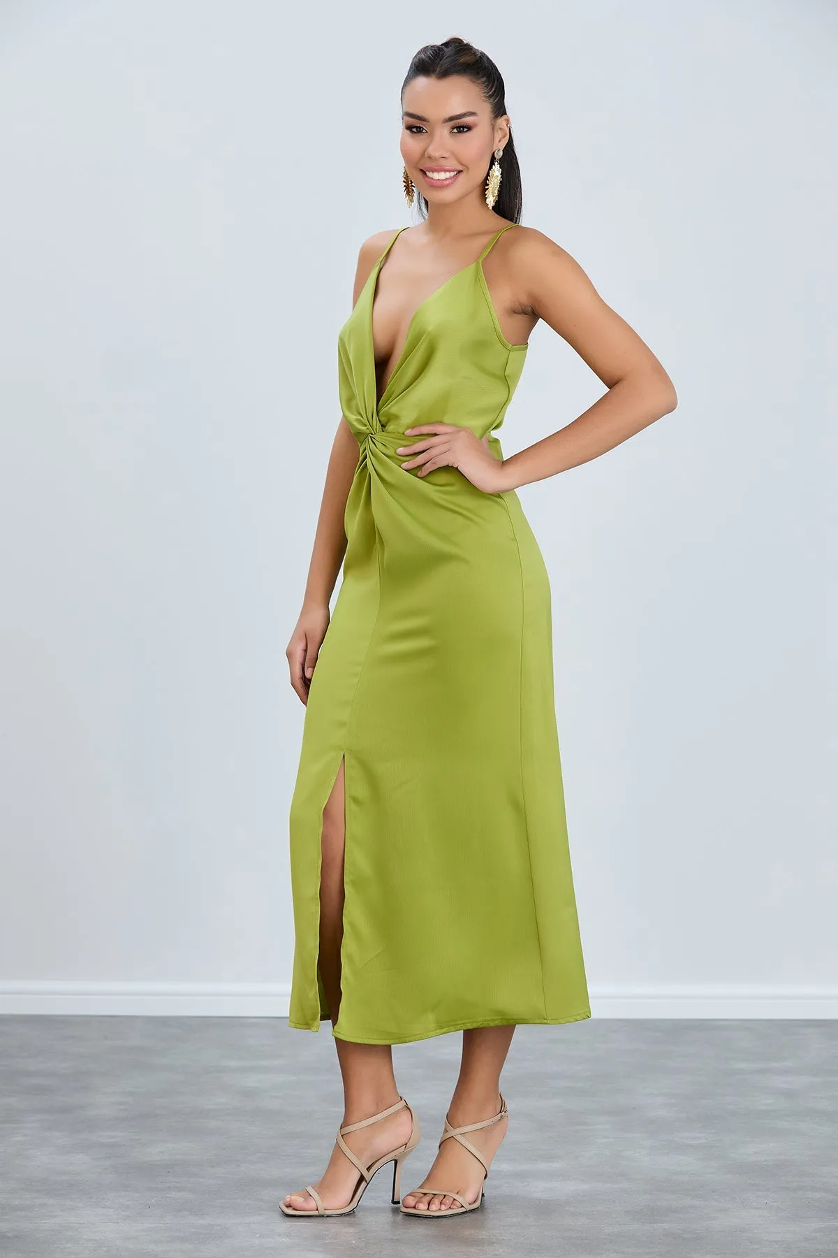 Twist Satin Slip Cami Midi Dress in Green