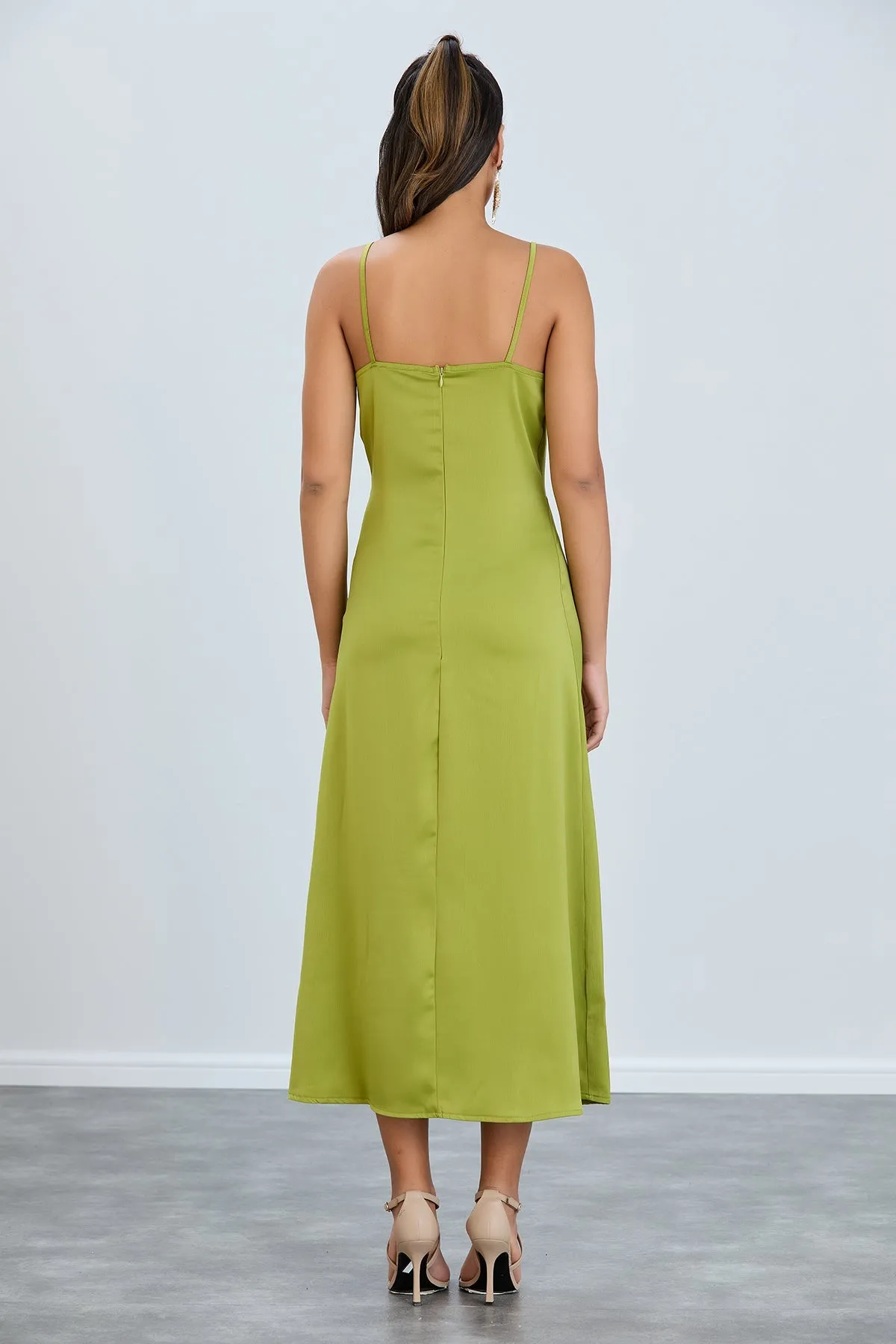 Twist Satin Slip Cami Midi Dress in Green