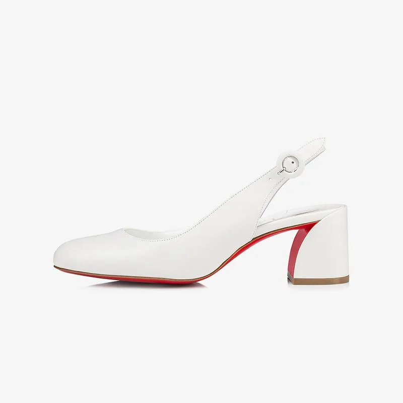 White Leather Slingbacks Block Heel