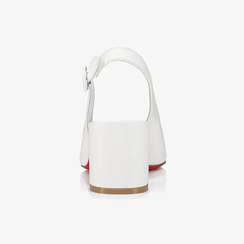 White Leather Slingbacks Block Heel