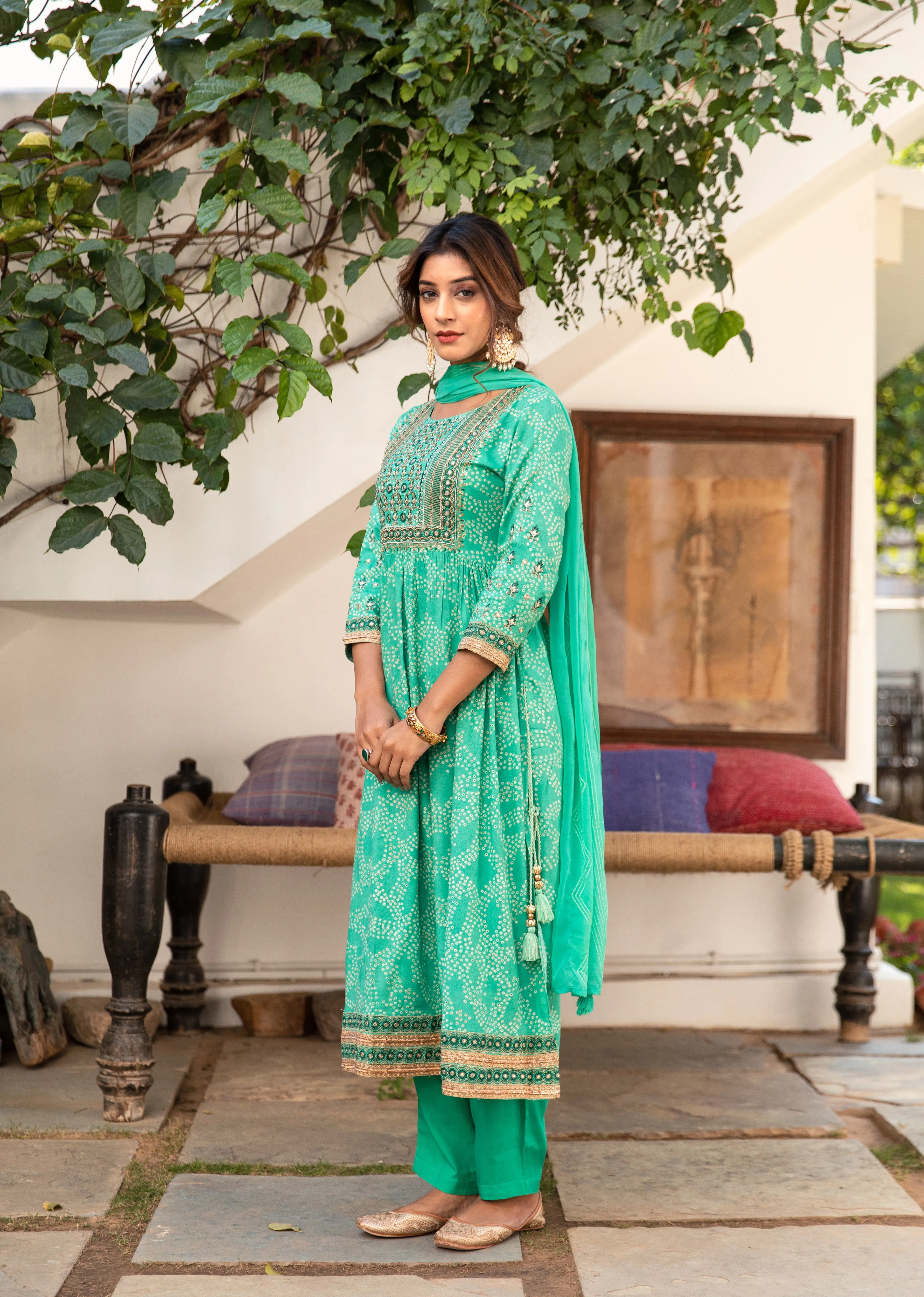 Women Green Rayon Nyara Cut A-Line Kurta Trouser & Dupatta Set