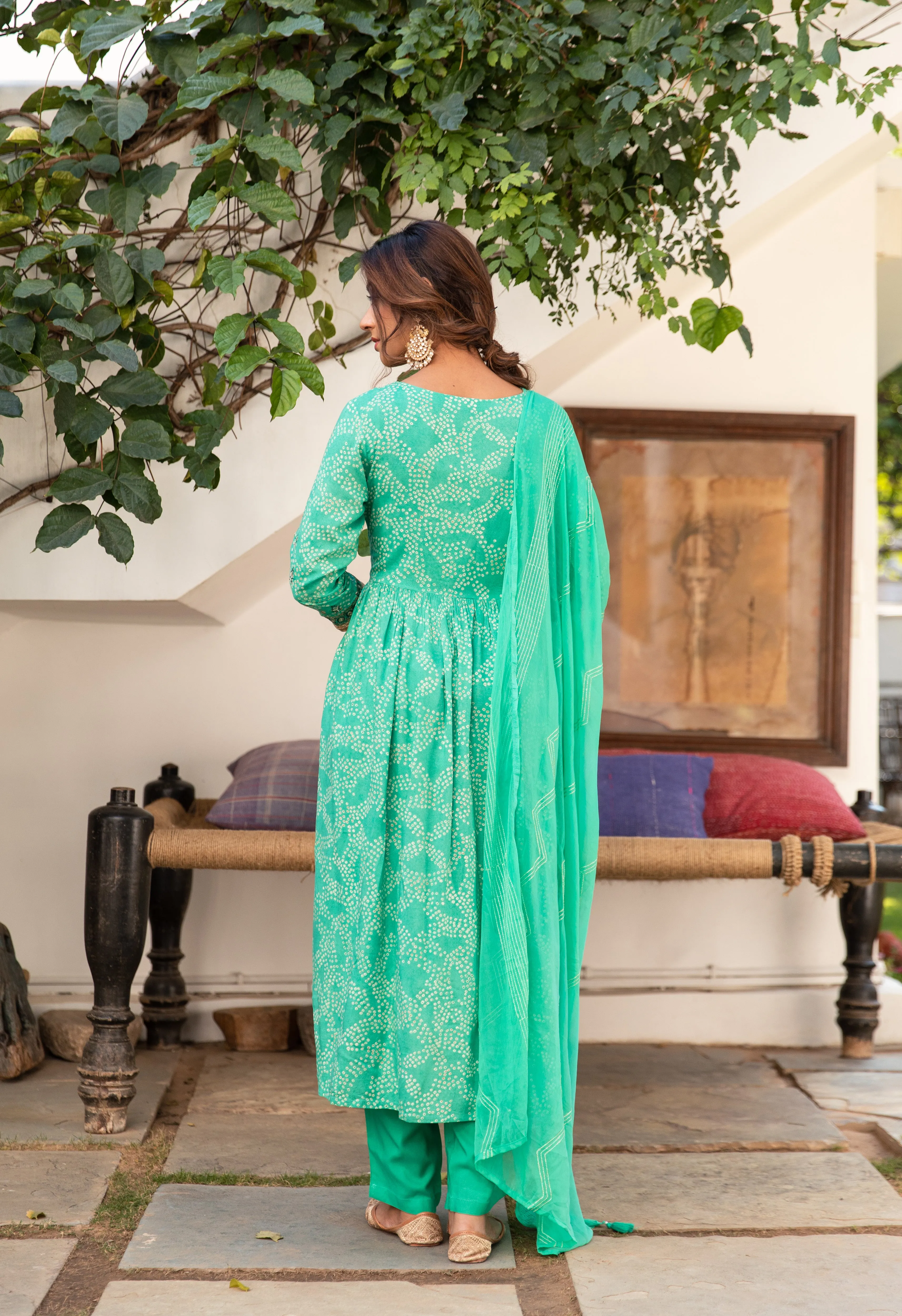 Women Green Rayon Nyara Cut A-Line Kurta Trouser & Dupatta Set