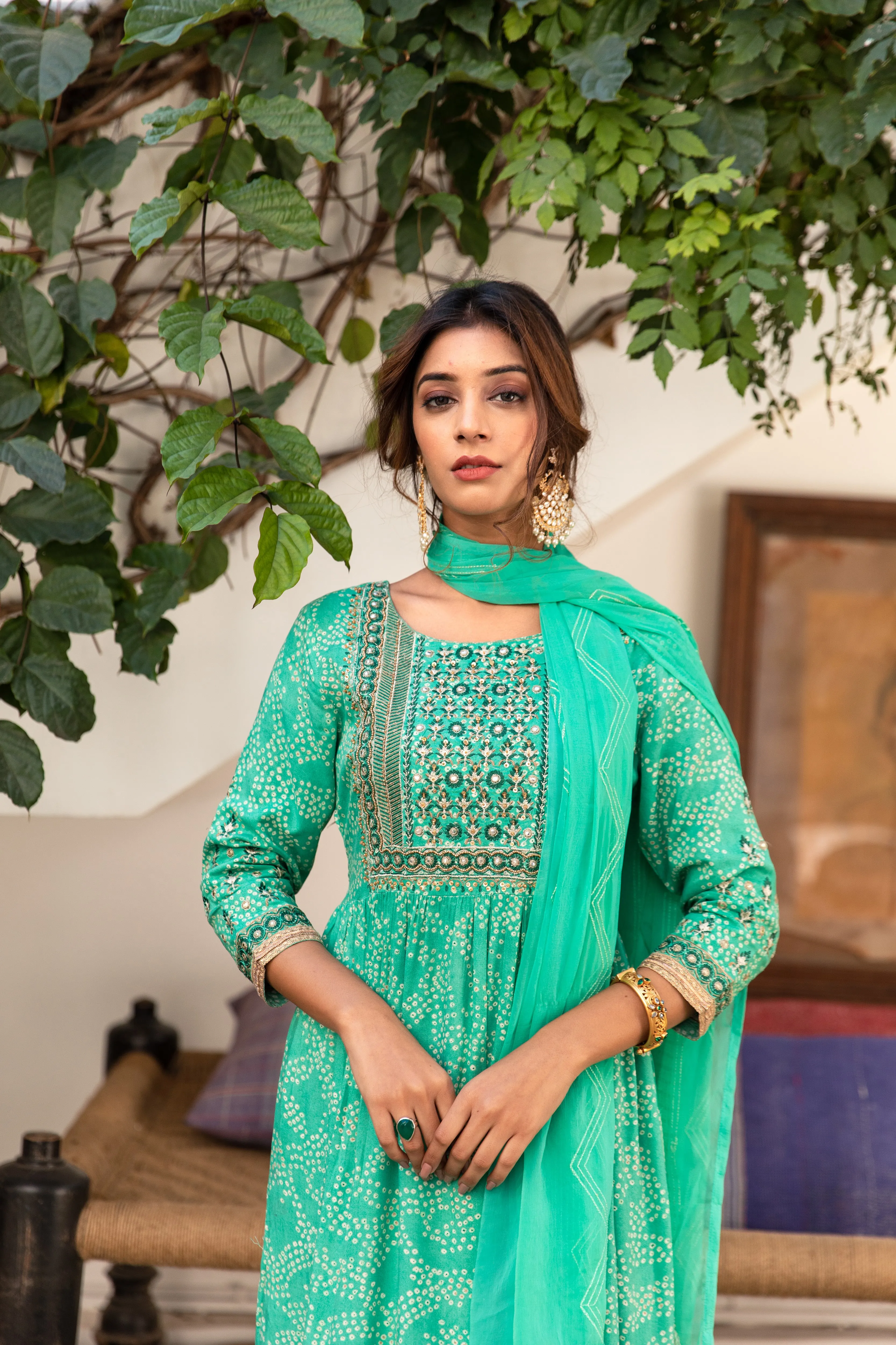 Women Green Rayon Nyara Cut A-Line Kurta Trouser & Dupatta Set