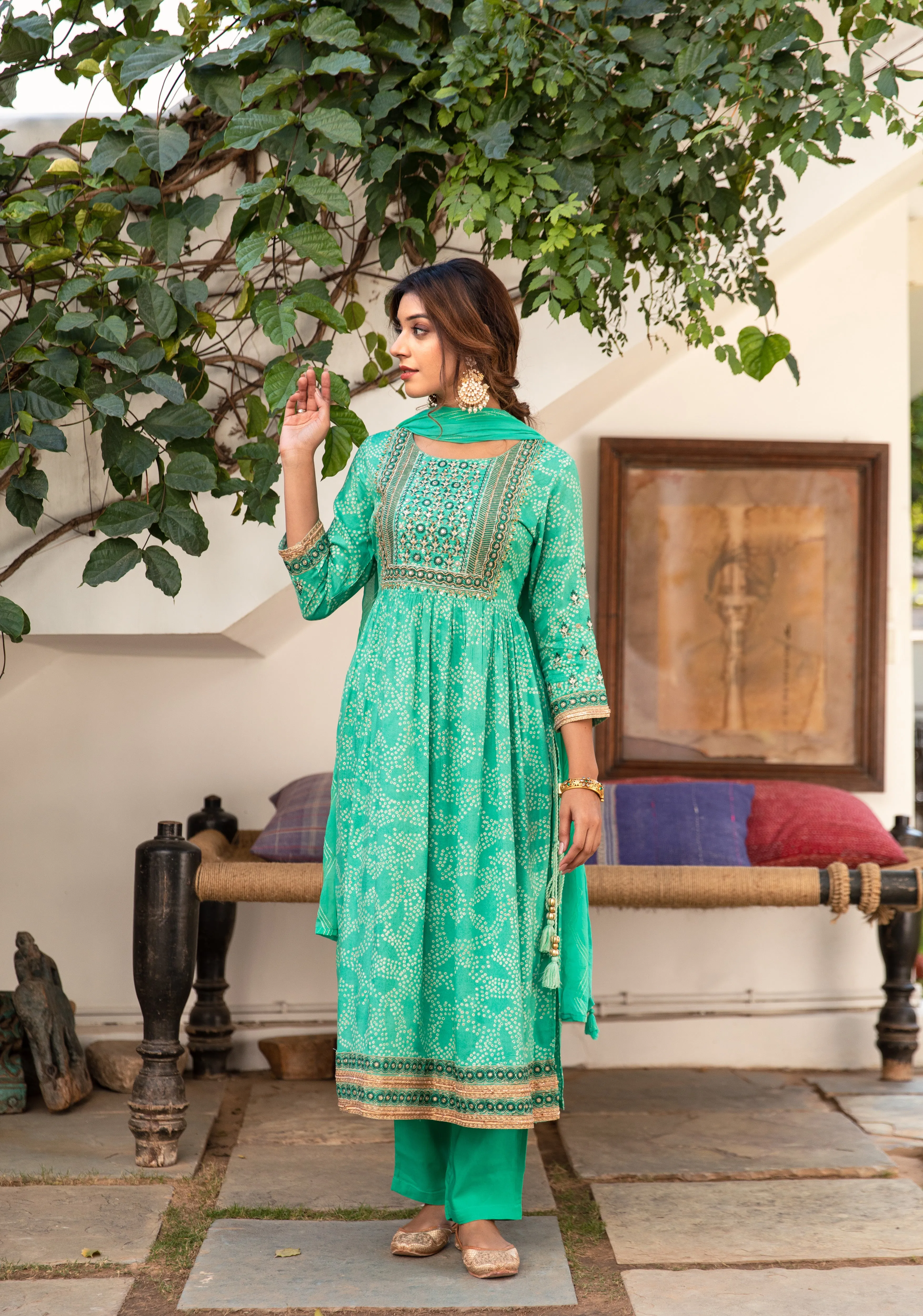 Women Green Rayon Nyara Cut A-Line Kurta Trouser & Dupatta Set