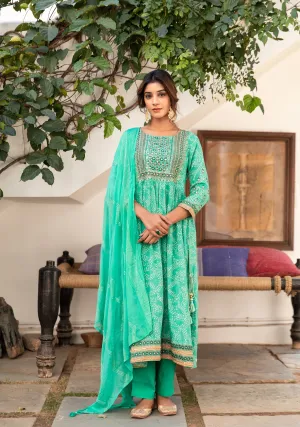 Women Green Rayon Nyara Cut A-Line Kurta Trouser & Dupatta Set