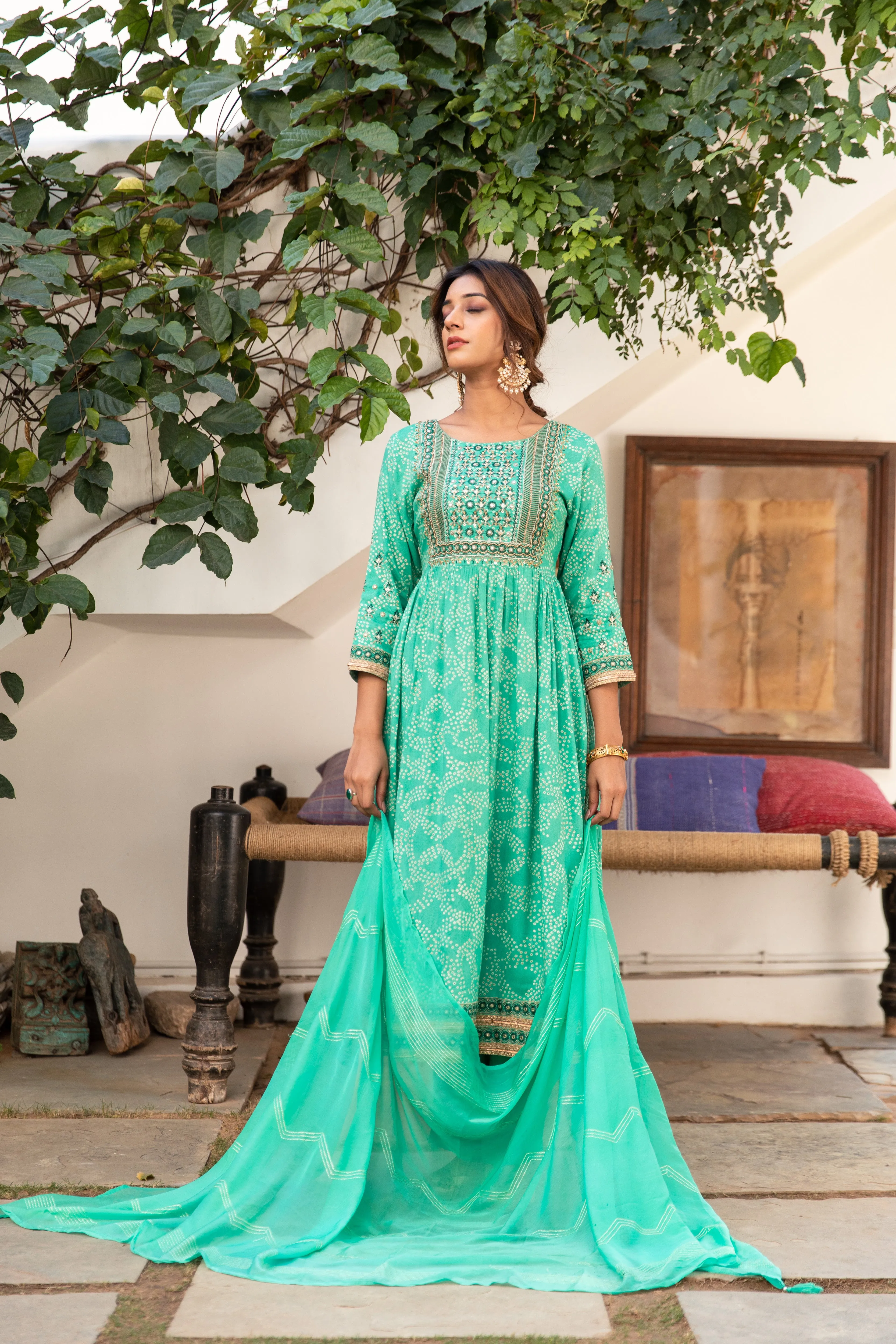 Women Green Rayon Nyara Cut A-Line Kurta Trouser & Dupatta Set